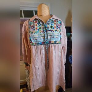 Ivy Jane Embroidered Bohemian Blouse Metallic Silver Size S
